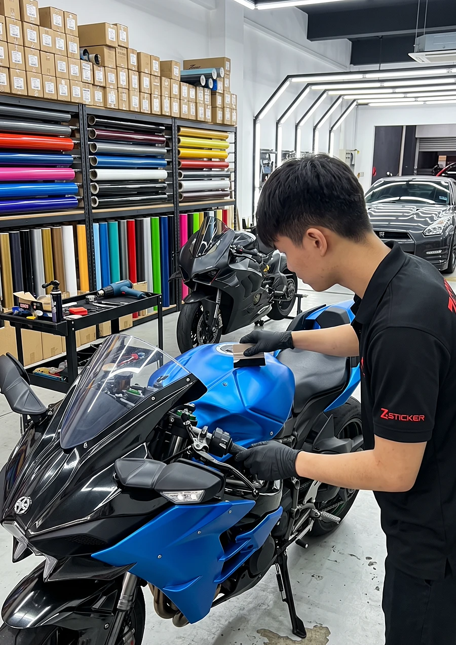 Motorcycle fuel tank being wrapped at Z-Sticker workshop