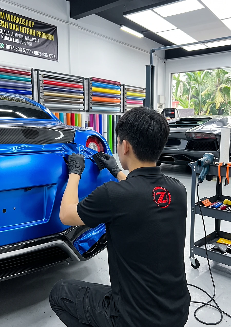 Rear bumper wrap applied from behind at Z-Sticker