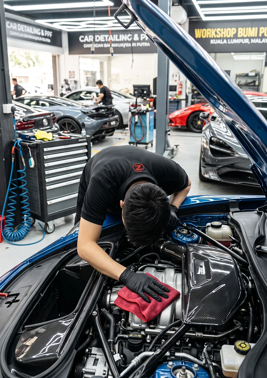 Engine bay dress-up in progress at Z-Sticker workshop