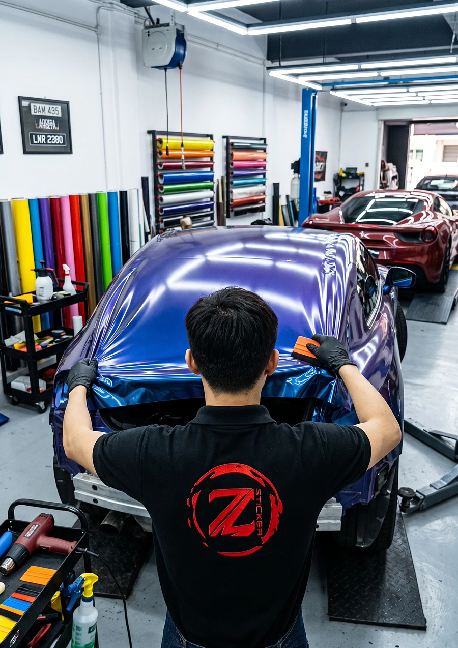 Full car wrap laid over the roof from behind at Z-Sticker