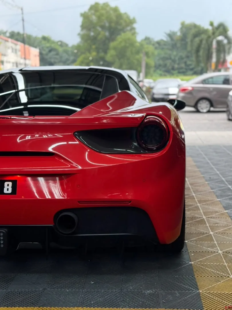 Rear view of gloss red wrap on a Ferrari 488 by Z-Sticker