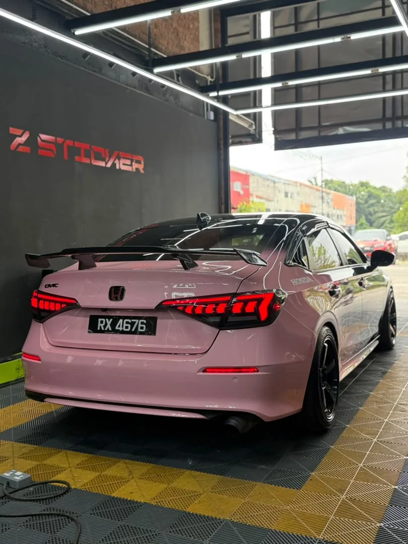Rear view of pink wrap on a Honda Civic Type R by Z-Sticker