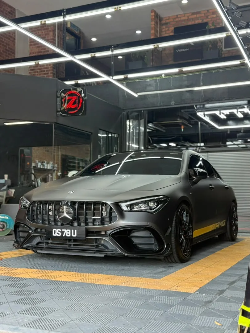Matte graphite grey wrap on a Mercedes-AMG CLA by Z-Sticker