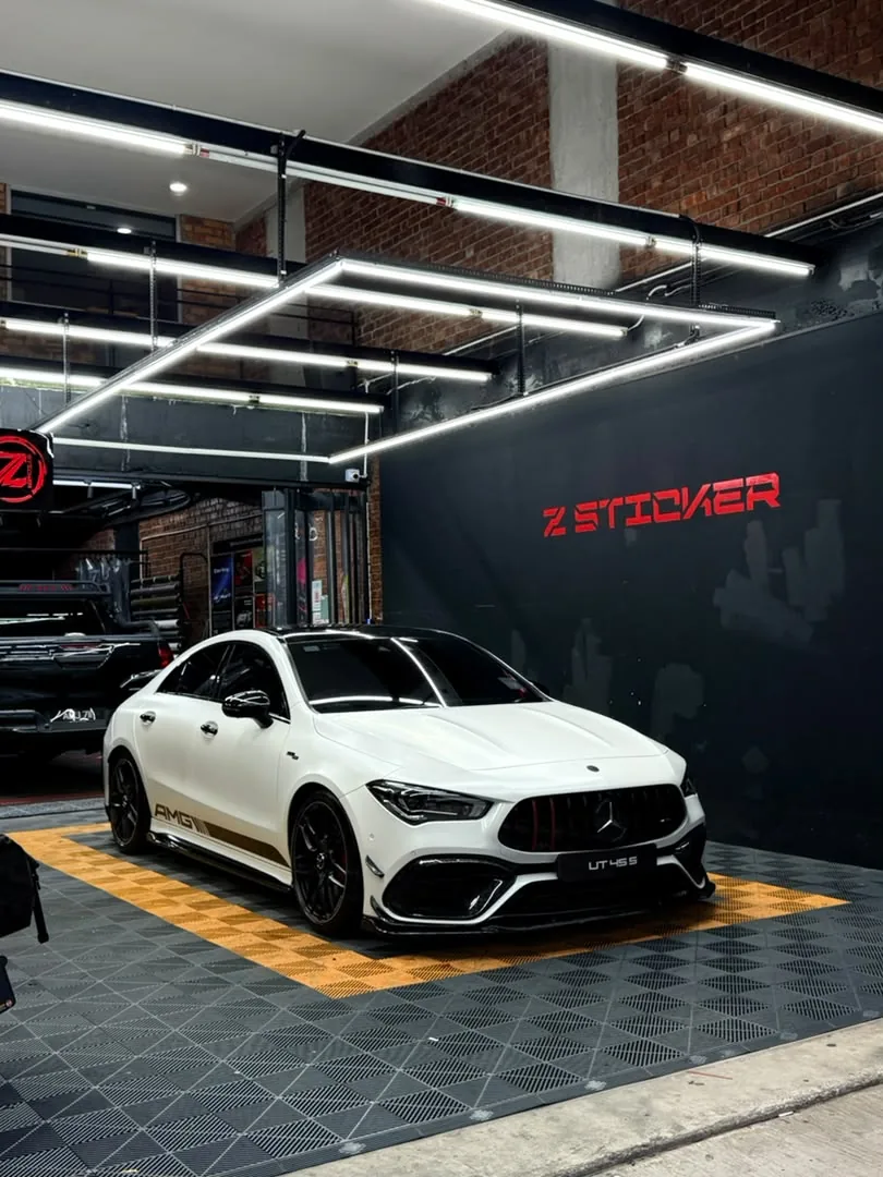 Front angle of gloss white wrap on a Mercedes-AMG CLA by Z-Sticker