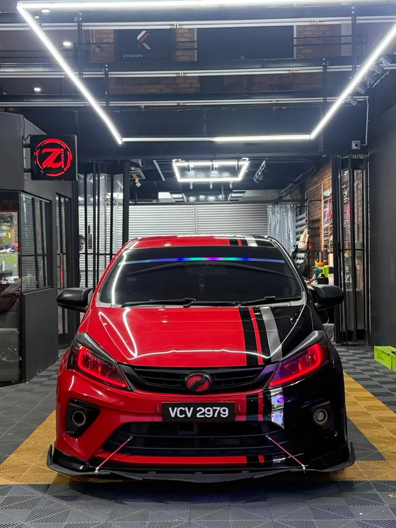 Front view of black and red wrap on a Perodua Myvi by Z-Sticker