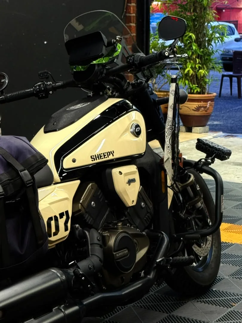Close-up of cream and black wrap on a retro motorcycle by Z-Sticker