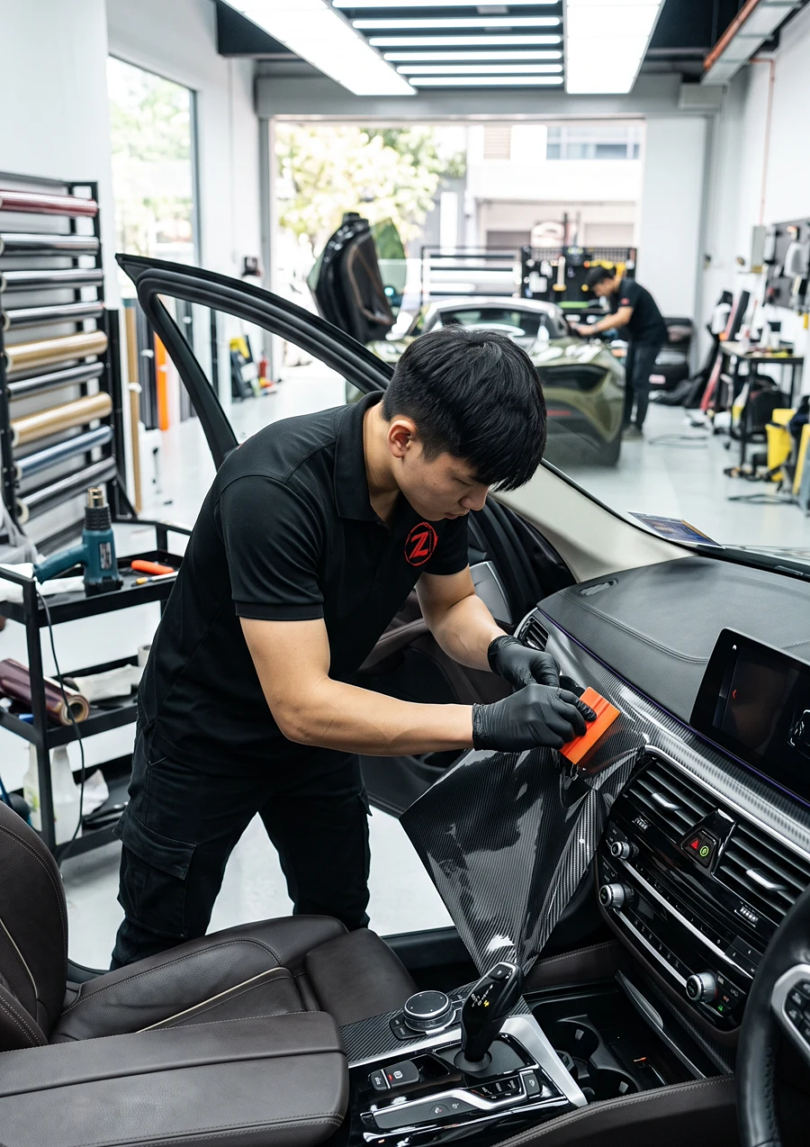 Dashboard vinyl wrap applied at Z-Sticker workshop