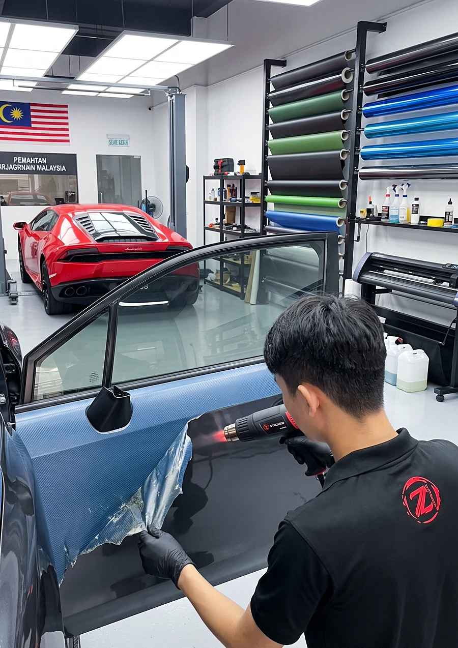 Old vinyl wrap peeled off a panel with heat at Z-Sticker