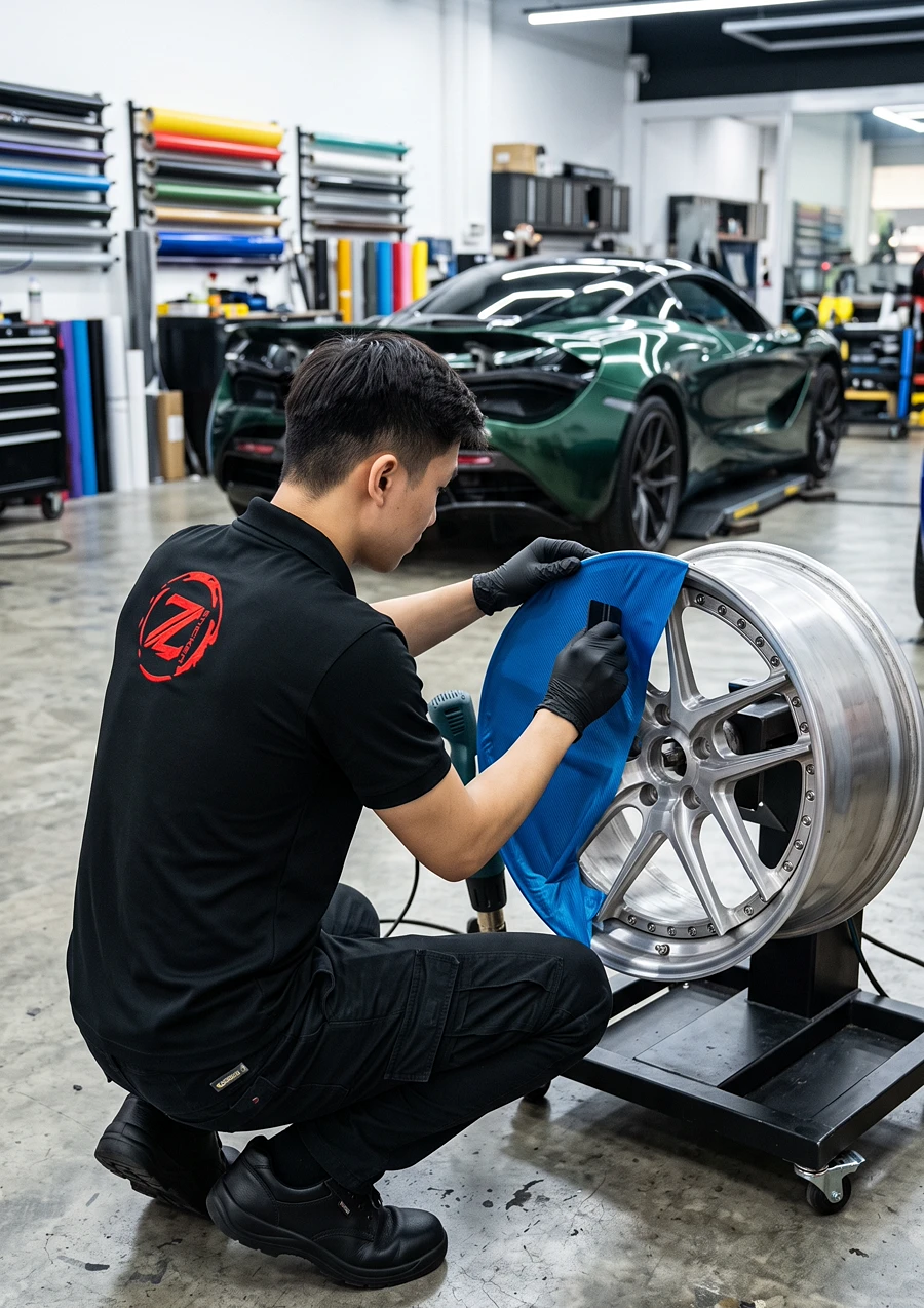 Alloy wheel wrap applied from the side at Z-Sticker workshop
