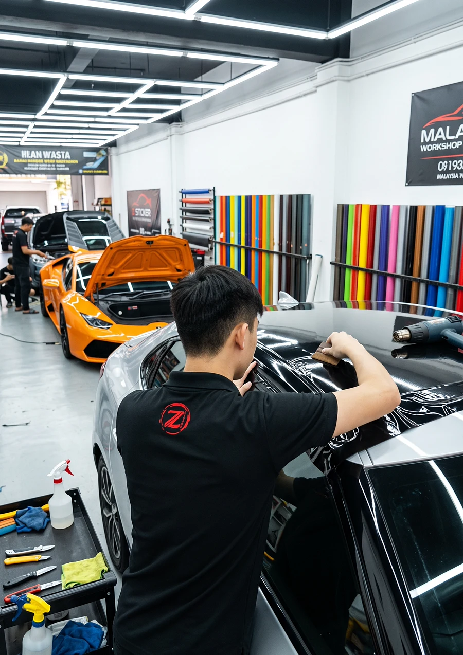 Gloss black roof wrap laid from behind at Z-Sticker