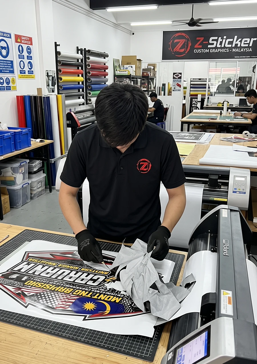 Cut vinyl decal being weeded at Z-Sticker workshop