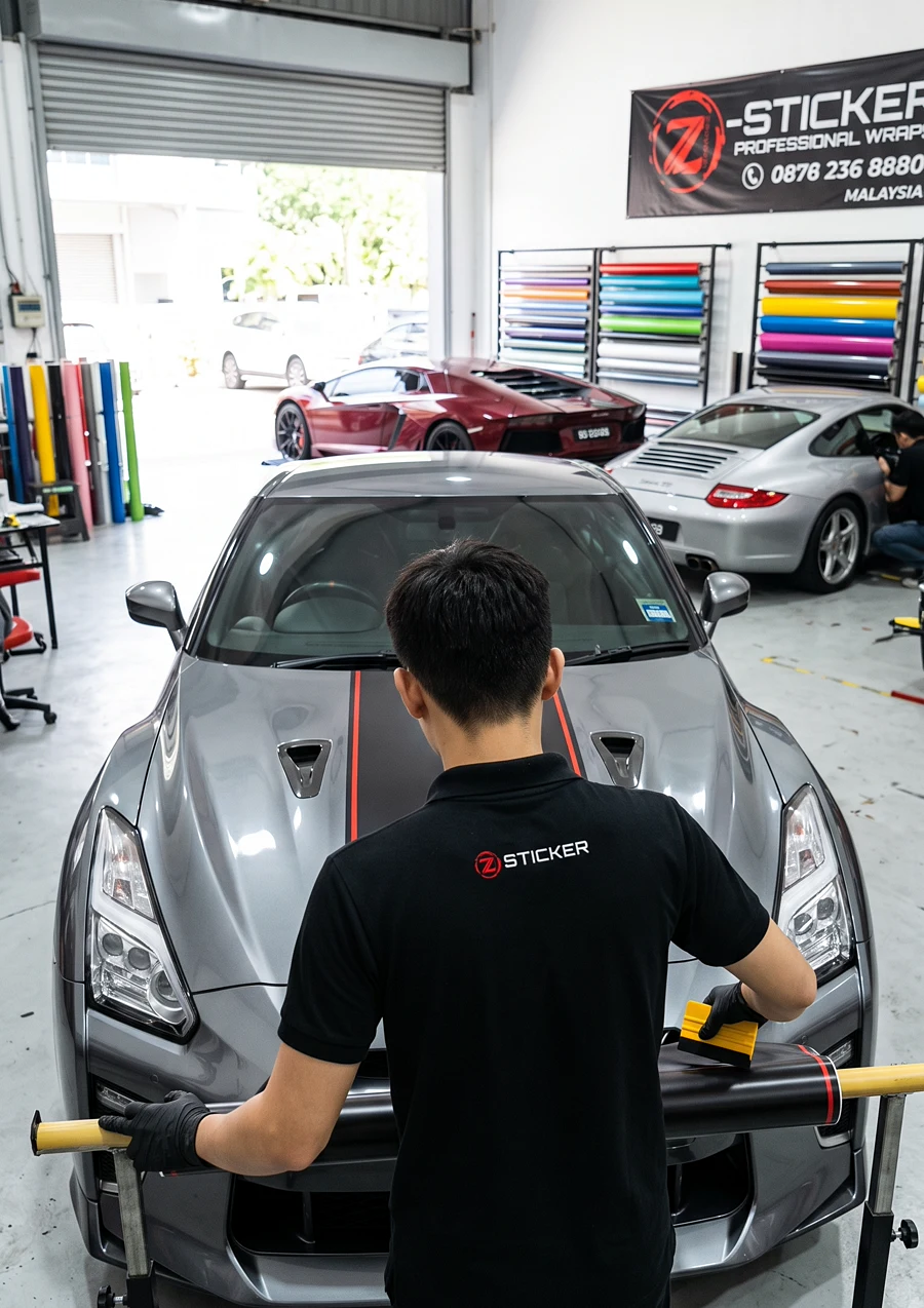 Racing stripes laid down the bonnet from behind at Z-Sticker