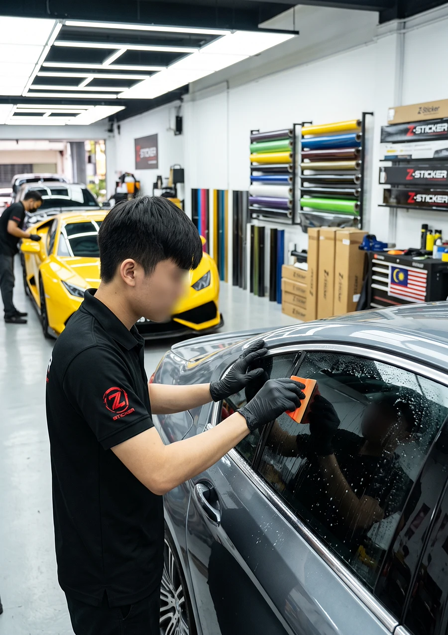 Window tint film applied to a side window at Z-Sticker
