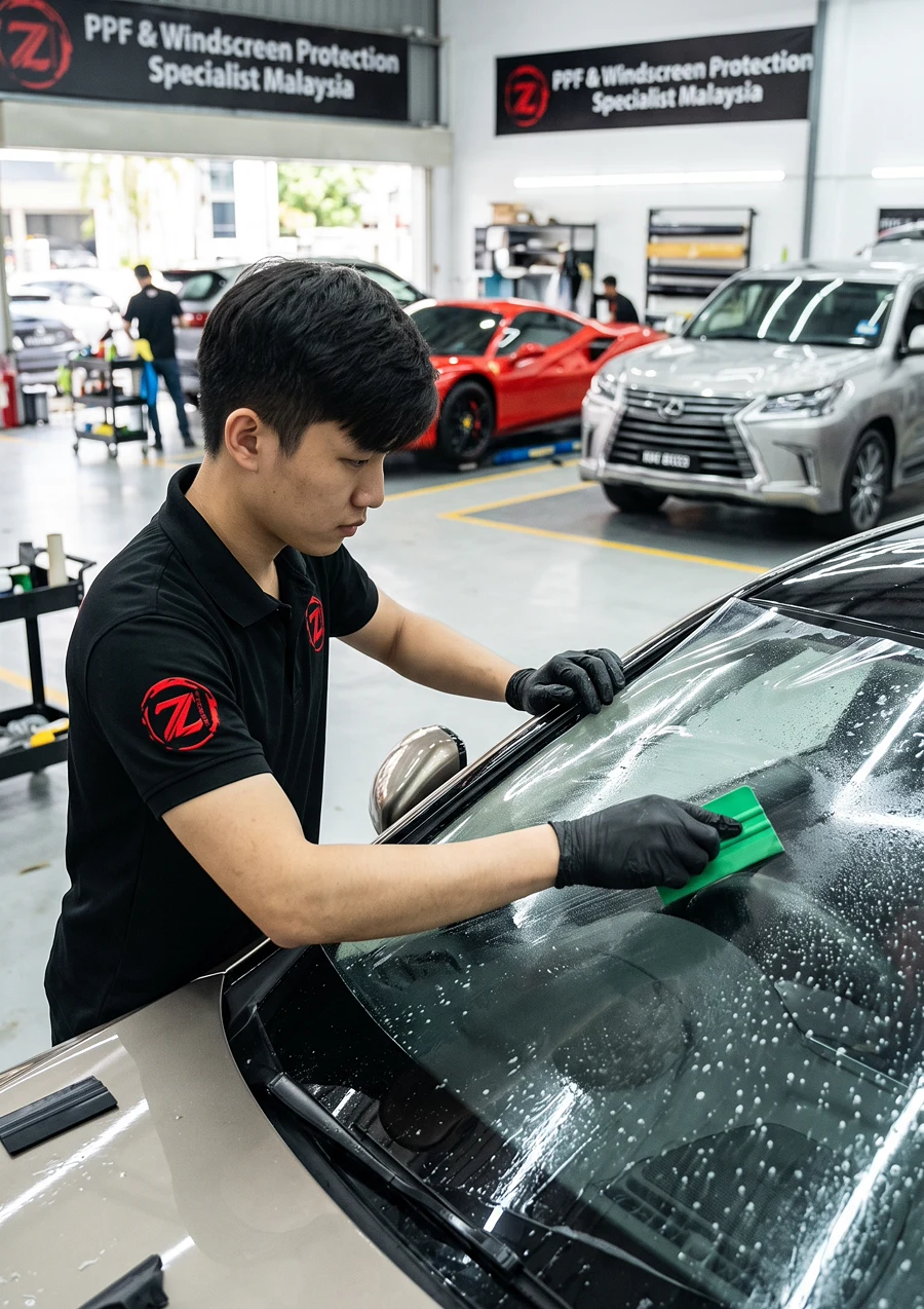 Windscreen protection film applied at Z-Sticker workshop