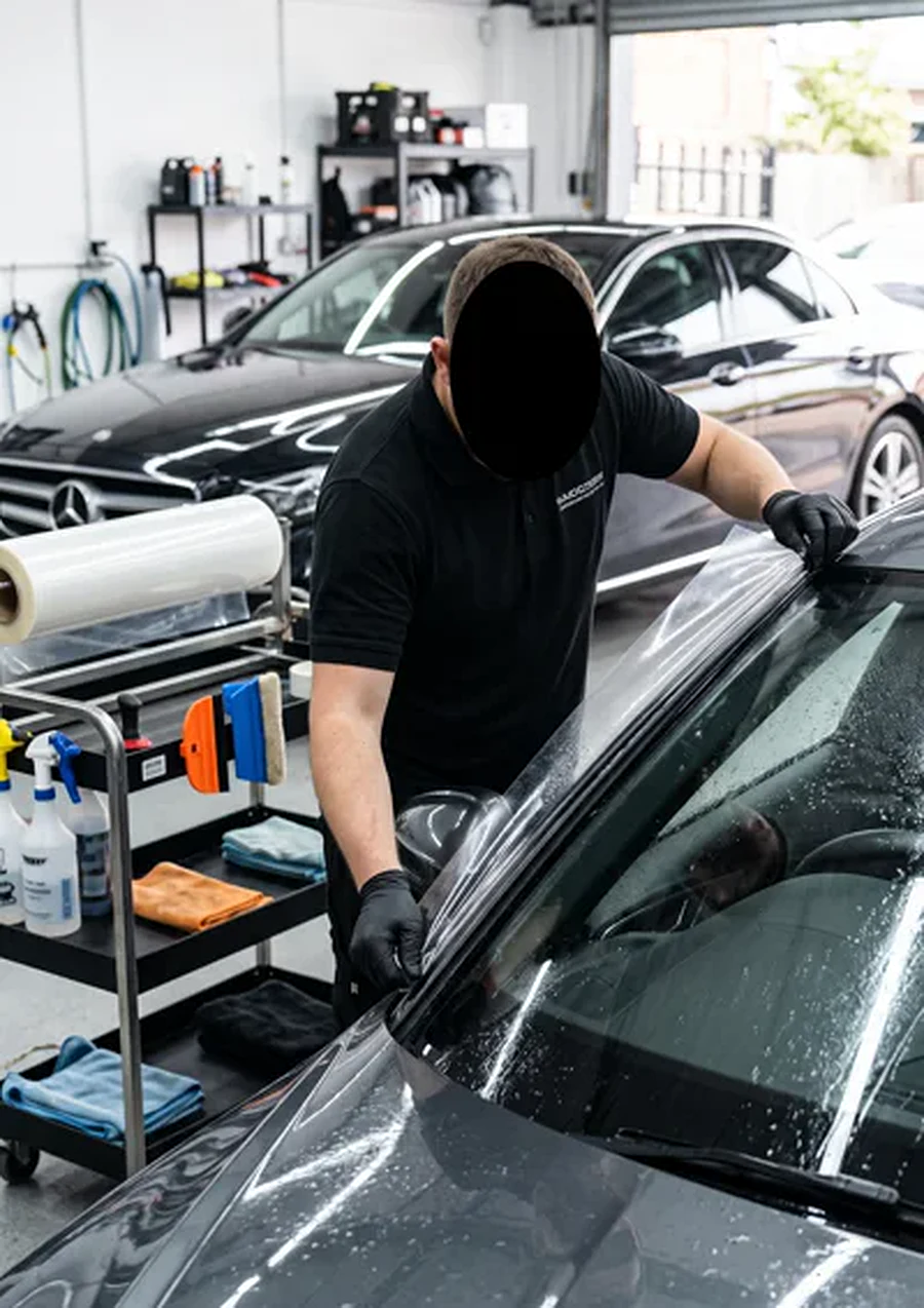 Windshield film installation detail in Klang